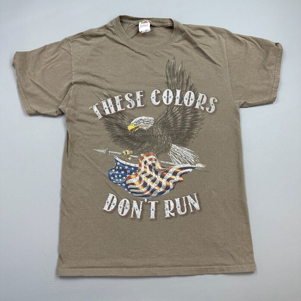 Vtg These Colors Don't Run Shirt Mens Medium Brown Bald Eagle American Flag Y2K